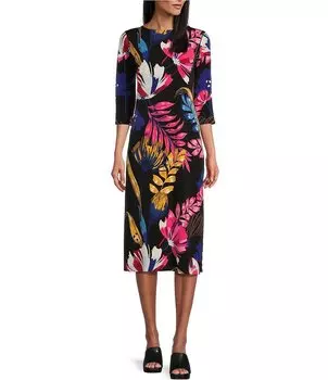 Трикотажное трикотажное платье миди с вырезом «лодочка» и рукавами 3/4 с тропическим принтом Eva Varro, цветочный