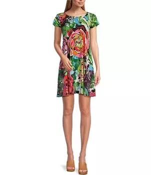 Трикотажное трикотажное платье трапециевидной формы с круглым вырезом и короткими рукавами Eva Varro с цветочным принтом и карманами, цветочный