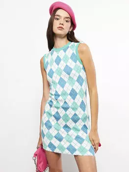 Трикотажное женское платье без рукавов с круглым вырезом и узором LCW Casual