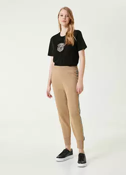 Трикотажные брюки с блестящими полосками цвета camel Beymen