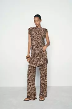 Трикотажные брюки с животным принтом ZARA, цвет leopard