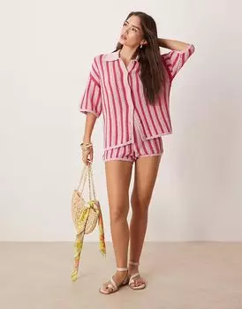 Трикотажные шорты ASOS DESIGN в розовую полоску с фестончатым краем, коорд
