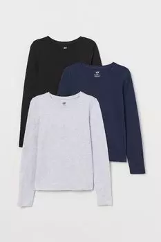 Комплект из 3 трикотажных лонгливов H&M Basics Solid-color, белый/черный/светло-серый меланж