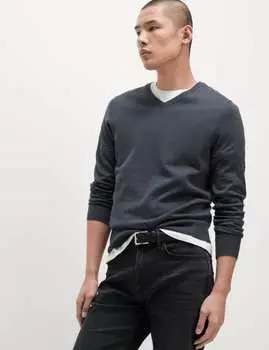 Трикотажный джемпер из чистого хлопка с V-образным вырезом Marks & Spencer, цвет Dark pewter