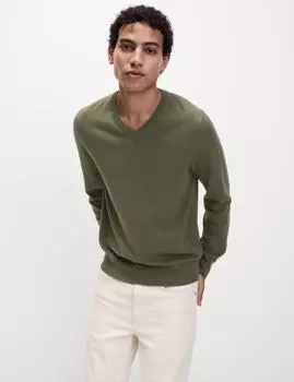 Трикотажный джемпер из чистого хлопка с V-образным вырезом Marks & Spencer, цвет Hunter green