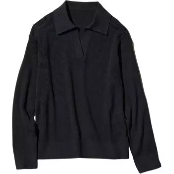 Трикотажный джемпер поло в рубчик Uniqlo, черный