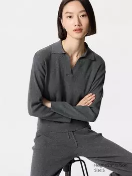 Трикотажный джемпер-поло в рубчик Uniqlo, цвет 07 серый