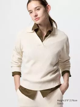 Трикотажный джемпер-поло в рубчик Uniqlo, цвет 30 бежевый