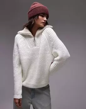 Трикотажный джемпер с воротником-молнией на четверть длины в кремовом цвете Topshop