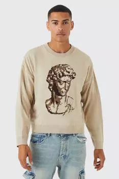 Трикотажный джемпер с заниженными плечами и графическим джемпером Boohoo, серо-коричневый