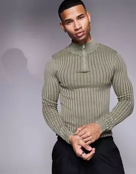 Трикотажный джемпер с застежкой-молнией на четверть длины в рубчик цвета хаки ASOS DESIGN