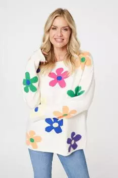 Трикотажный джемпер свободного кроя с цветочным принтом Izabel London, белый