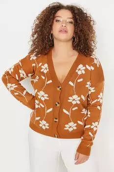Трикотажный кардиган с цветочным узором Trendyol, коричневый