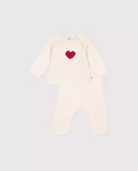 Трикотажный комплект из шерсти и хлопка с мотивом «Детское сердце» Petit Bateau, белый