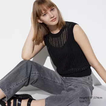 Трикотажный короткий свитер без рукавов с круглым вырезом UNIQLO, черный