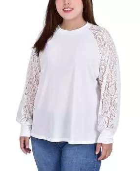 Трикотажный креповый топ больших размеров с длинными кружевными рукавами-фонариками NY Collection, мульти