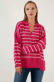 Трикотажный свитер Comfortable Cut в полоску с воротником-поло 63622594 Lela