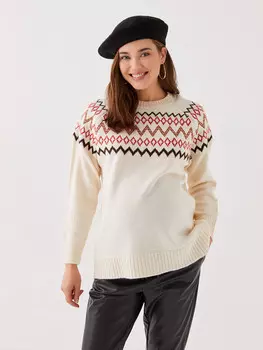 Трикотажный свитер для беременных с круглым вырезом и узором с длинными рукавами LCWAIKIKI Maternity, экрю.