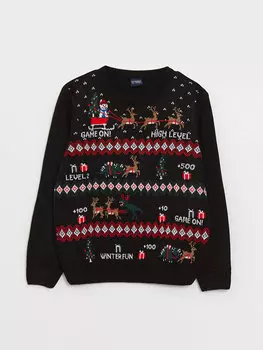 Трикотажный свитер для мальчика с длинными рукавами и круглым вырезом на новогоднюю тематику LCW Kids, новый черный