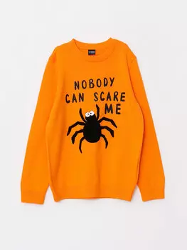 Трикотажный свитер для мальчика с круглым вырезом и длинными рукавами с принтом LCW Kids, яркий оранжевый
