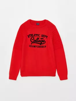 Трикотажный свитер для мальчика с круглым вырезом и длинными рукавами с принтом LCW Kids, красный