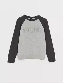 Трикотажный свитер для мальчика с круглым вырезом и узором LCW Kids, серый меланж