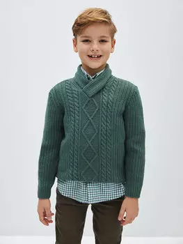 Трикотажный свитер для мальчика с шалевым воротником и узором LCW Kids, средне-зеленый