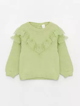 Трикотажный свитер для маленьких девочек с круглым вырезом и длинными рукавами с рюшами LCW baby, светло-зеленый