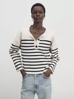 Трикотажный свитер henley в полоску Massimo Dutti, кремовый