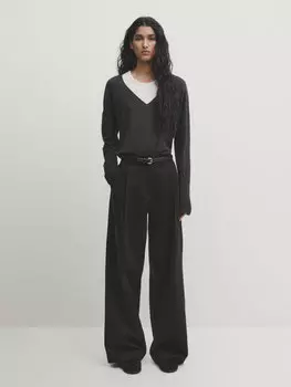 Трикотажный свитер из полушерсти с v-образным вырезом Massimo Dutti, угольный