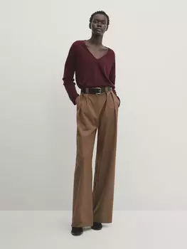 Трикотажный свитер из полушерсти с v-образным вырезом Massimo Dutti, бордовый