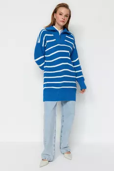 Трикотажный свитер на молнии с синим полосатым воротником Trendyol Modest, синий