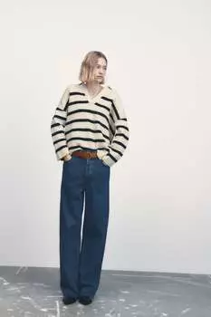 Трикотажный свитер оверсайз в полоску ZARA, полосатый