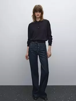 Трикотажный свитер-поло из хлопковой смеси Massimo Dutti, синий