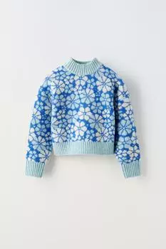 Трикотажный свитер с цветочным жаккардом ZARA, синий/белый