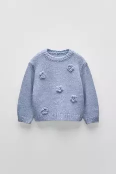 Трикотажный свитер с цветочными аппликациями ZARA, средне-синий