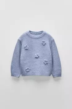Трикотажный свитер с цветочными аппликациями ZARA, средне-синий