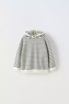 Трикотажный свитер с капюшоном в полоску ZARA, экрю/черный