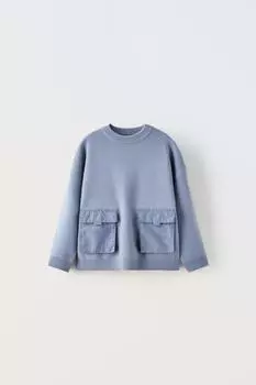 Трикотажный свитер с контрастными карманами ZARA, голубоватый