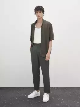 Трикотажный свитер с коротким рукавом на кнопках Massimo Dutti, хаки