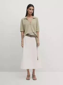 Трикотажный свитер с короткими рукавами и воротником-поло Massimo Dutti, зеленый