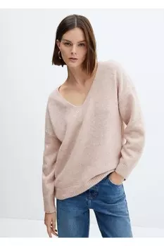 Трикотажный свитер с V-образным вырезом Mango, розовый