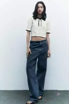 Трикотажный свитер с воротником peter pan ZARA, экру/черный