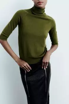 Трикотажный свитер с высоким воротом ZARA, оливково-зеленый
