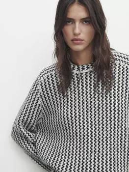 Трикотажный свитер с зигзаговой деталию Massimo Dutti, синий