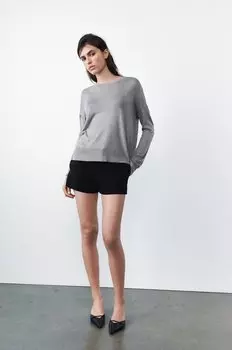 Трикотажный свитер со стразами ZARA, серый