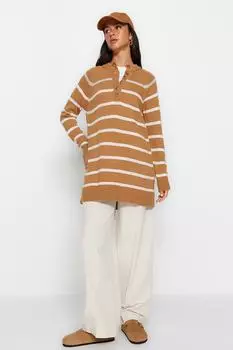 Трикотажный свитер светло-коричневого цвета с пуговицами Trendyol Modest, коричневый