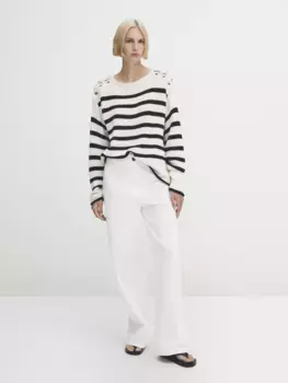 Трикотажный свитер в полоску с переплетенными плечами Massimo Dutti, кремовый