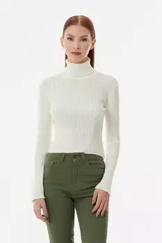Трикотажный свитер в рубчик с высоким воротником Fullamoda, экрю