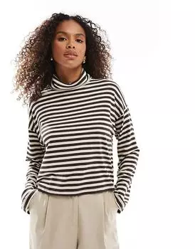 Трикотажный топ Aware с отворотом в кремово-коричневую полоску Vero Moda